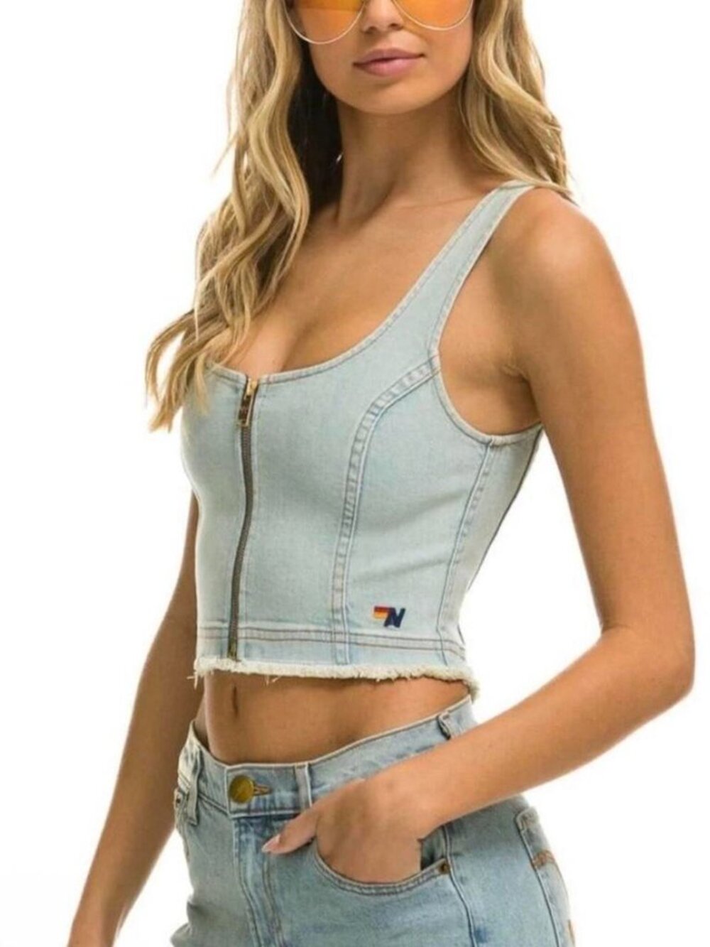 Aviator Nation Cropped Denim Tank with Gold Zipper In Super Light